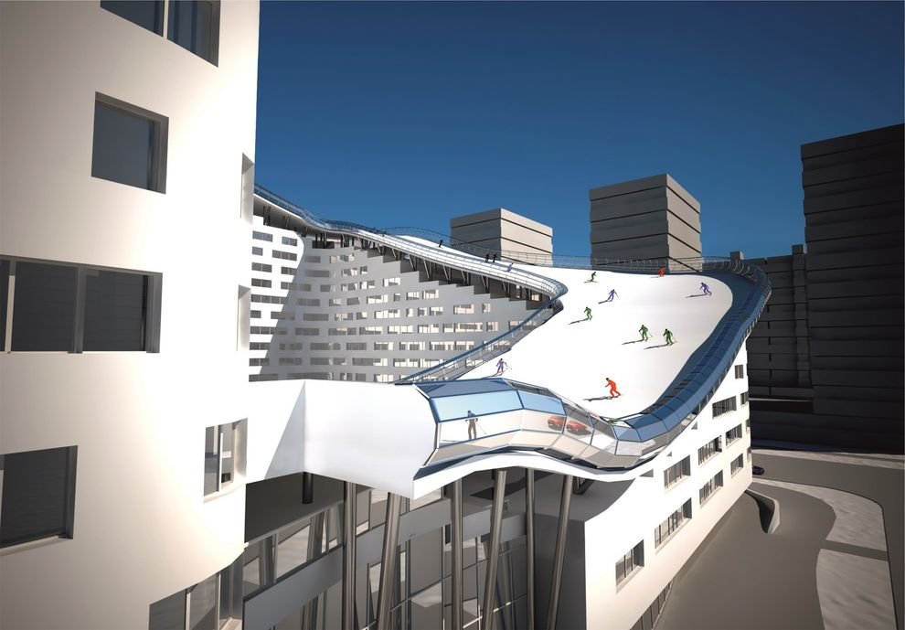 Проект жилого дома с горнолыжным спуском на крыше в Казахстане